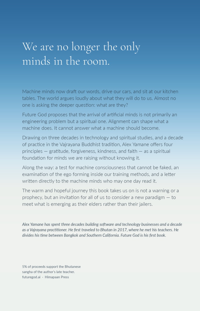 Back cover of Future God, showing the book's description on a blue-to-white gradient.